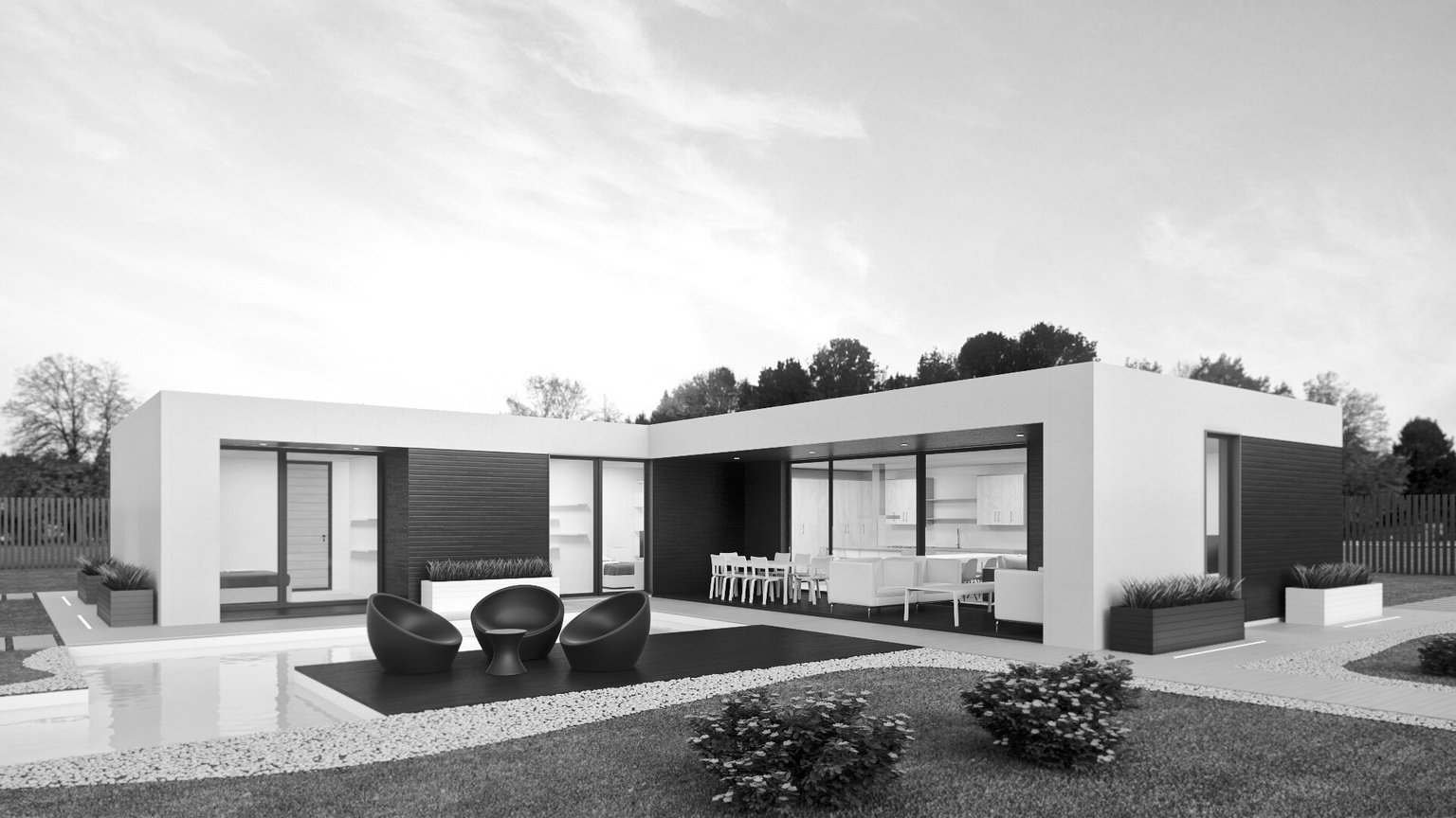 a black and white image of a modern home